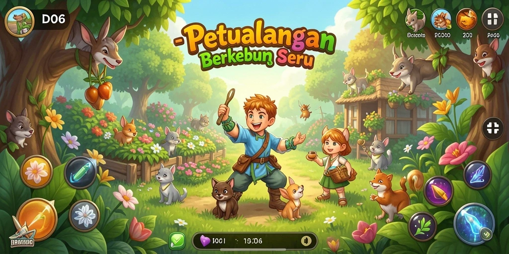 Tangkapan layar utama D06 menampilkan kegiatan berkebun yang seru dan menantang.