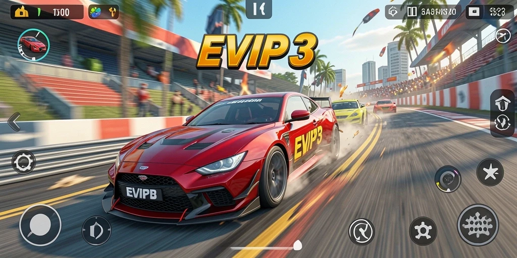 Tampilan gameplay EVIP3 dengan balapan mobil yang mendebarkan.
