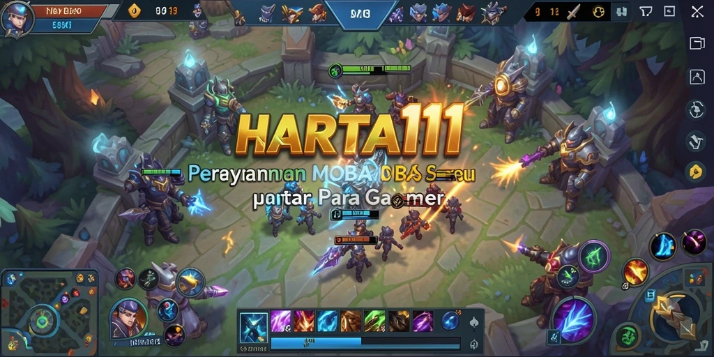 Tampilan gameplay HARTA11 dengan pertarungan epik di arena MOBA.