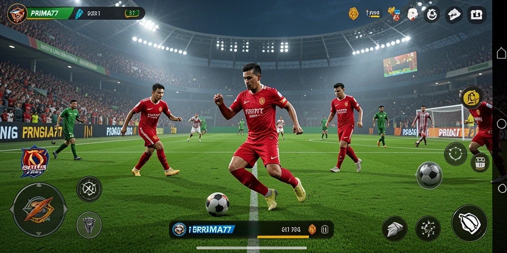 Tampilan gameplay menegangkan dari PRIMA77 yang menampilkan aksi sepak bola.