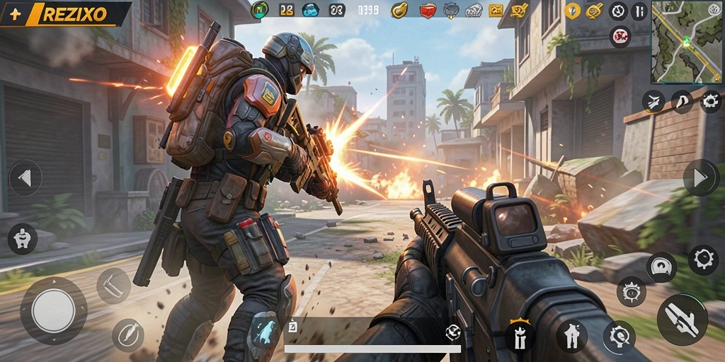 Screenshot gameplay REZIXO yang menampilkan pertempuran TPS yang seru.