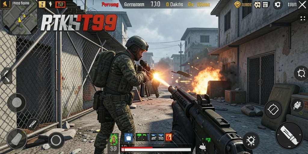 Screenshot gameplay RT99 menampilkan aksi tembak-menembak yang mendebarkan.