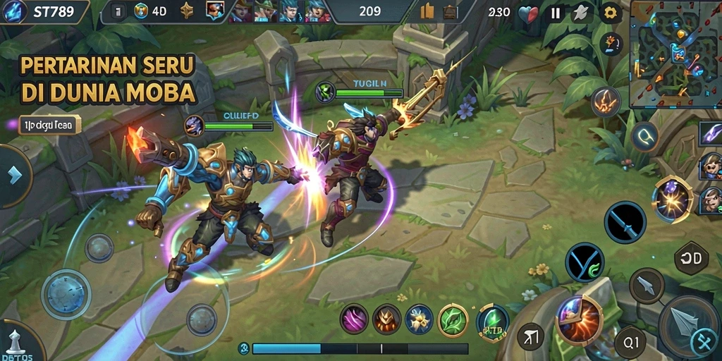 Screenshot gameplay ST789 menampilkan pertarungan seru antar hero.