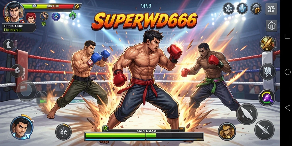 Screenshot gameplay SUPERWD666 menampilkan aksi pertarungan yang mendebarkan.
